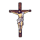 A pixel art depiction of Jesus Christ on the cross is rendered in muted tones against a stark black void, emphasizing his suffering and the solemnity of the crucifixion. The simple composition and limited palette evoke a reverent and mournful mood.