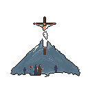 A pixel art image depicts a solemn ritual with a light-colored figure suspended in a cruciform pose above a group of onlookers in dark robes. The scene evokes a sense of mystery and reverence.