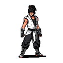 A confident pixel art martial artist stands ready in his white gi and black pants, his topknot and neutral expression hinting at both strength and cool detachment.