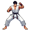 This pixel art image showcases a martial artist in a dynamic fighting stance, poised for action against a stark black backdrop. The limited color palette and detailed shading create a sense of intensity and focus, reminiscent of classic fighting game characters.