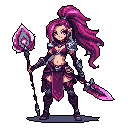A confident, elven warrior with flowing pink hair stands ready for battle, wielding a glowing heart-topped staff and a menacing, spiked weapon. Her dark, stylized armor and vibrant pink accents create a powerful and magical fantasy aesthetic.