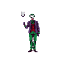 This pixel art captures the Joker in a menacing pose, tossing a playing card with a stark white face and signature green hair. The saturated colors and minimalist design amplify the unsettling nature of the iconic villain.