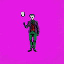 A pixelated Joker figure stands against a magenta backdrop, poised to toss a small object with a mischievous air. The high-contrast color palette and unsettling makeup contribute to a playful yet slightly unsettling vibe.