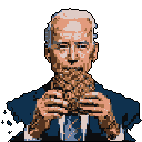 A pixel art portrait shows a man in a blue suit intently biting into a large, undefined object held in his hands. The limited color palette and pixelated style create a somewhat humorous and awkward vibe.