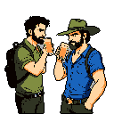 Two bearded companions in pixel art raise glasses of orange liquid in a toast, their backpacks hinting at a shared adventure. The close-up shot captures a moment of camaraderie and quiet enjoyment.