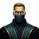 This pixel art portrait captures the intensity of Sub-Zero from Mortal Kombat, showcasing his iconic mask and stern gaze in a retro style. Dominated by cool blues and grays, the image emphasizes his formidable warrior presence.