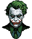 This pixel art portrait captures the unsettling likeness of Heath Ledger's Joker with his signature chaotic green hair, cracked white makeup, and menacing red grin. The intense close-up emphasizes the character's unhinged expression, rendered in a gritty, retro style.