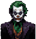 This pixel art portrait captures a melancholic, Joker-esque figure with smudged clown makeup and downcast eyes, hinting at weariness beneath the iconic facade. The dark, desaturated color palette and detailed rendering create an unsettling yet captivating mood.