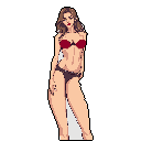 This pixel art depicts a confident woman in a dark red bikini, her gaze directed upwards against a stark background. The stylized figure, rendered in muted tones, exudes a subtle yet suggestive vibe.
