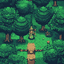 A lone, green-clad sprite with a staff stands in a dense forest, possibly observing or resting. A mossy stump-like entity with watchful eyes anchors the foreground, hinting at the forest's hidden depths. The pixel art style evokes a sense of quiet adventure and classic video game nostalgia.