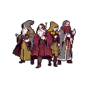 This pixel art features four mysterious robed figures, likely powerful wizards, rendered in a muted, fantasy-inspired palette. Their somber attire and obscured faces evoke a sense of ancient wisdom and magical gravitas.
