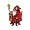 This pixel art depicts a powerful wizard with flowing white beard, red robes, and golden staff, flanked by two acolytes against a stark background. The scene exudes classic fantasy and arcane power, reminiscent of old-school RPGs.