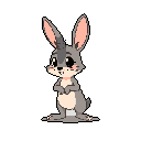 A timid yet endearing pixel art rabbit with rosy cheeks stands on its hind legs, its large eyes conveying a gentle curiosity. The charming design features soft grey tones accented with touches of pink, creating a cute and friendly vibe.