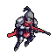 A pixel art knight, clad in grey and blueish-grey armor with a striking red cape, crouches with spear in hand, ready for battle. The limited color palette and stark black background emphasize the knight's determined stance, evoking a classic fantasy feel.