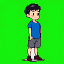 A charming pixel art image features a boy in a semi-chibi style, smiling subtly as he stands relaxed against a striking neon green backdrop. His simple design and bold color palette create a nostalgic and appealing visual.
