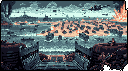 A pixel art cityscape burns in fiery ruin, viewed from a high vantage point overlooking the devastation. The image evokes a somber atmosphere of chaos and despair.