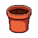 A simple, pixelated terracotta pot filled with dark soil sits ready for planting. The earthy tones and stark black backdrop create a clean, understated image.
