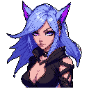 This pixel art portrait showcases a mysterious cat-eared woman with flowing lavender and periwinkle hair, her magenta eyes piercing through the stark black background. Her dark, gothic-inspired clothing and subtle smirk hint at a confident and enigmatic personality.