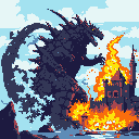 A pixel art behemoth, reminiscent of Godzilla, roars amidst a burning castle, bringing retro-style destruction to the scene. The colossal monster dominates the frame as it unleashes fiery chaos.