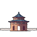 This pixel art showcases a detailed, multi-tiered gazebo with blue tile roofing and warm-toned stone walls. Arched openings reveal a bright interior, creating a serene architectural miniature.