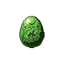 A mysterious, pixelated green egg with stark white highlights sits against a black background, hinting at a fantastical creature or magical artifact waiting to hatch. Its pitted texture and unusual coloration add to the enigmatic vibe.