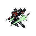 A futuristic mecha warrior strikes a dynamic pose against a black background, wielding a vibrant green energy blade. The figure's dark armor is accented with neon green and fiery orange, creating an energetic and combative vibe.