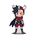 A determined pixel art character with striking red eyes and horn-like protrusions stands ready, their asymmetrical hairstyle and bold color scheme hinting at a unique and formidable presence. The intense design evokes a sense of power and retro gaming nostalgia.