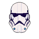 This pixel art showcases the iconic First Order Stormtrooper helmet from *Star Wars*, rendered in a stark and imposing style. The helmet's distinct features are clearly visible, capturing the essence of the formidable soldiers in a nostalgic, blocky form.