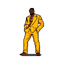 A confident, dark-skinned figure in a striking golden-yellow suit stands out against a stark black background. This pixel art portrait exudes sleekness and understated elegance with a modern urban vibe.