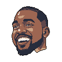 This pixel art portrait captures a man in a moment of pure, infectious laughter. His joyful expression, rendered in warm browns and detailed shadows, radiates warmth and positivity against a stark black background.