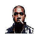This pixel art headshot captures a somber Kanye West-like figure, cigarette in hand, rendered in a muted, dark palette. The close-up portrait emphasizes his contemplative expression, creating an introspective and moody vibe.