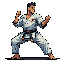 A pixel art martial artist, clad in a white gi and black belt, stands in a powerful stance, radiating discipline and focus. His stern expression and clenched fists suggest readiness for combat.