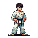 A pixel art image showcases a determined karate master in a white gi and dark belt, poised and ready against a stark black backdrop. The detailed shading and focused expression convey discipline and strength.