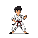 This pixel art depicts a young martial artist in a white gi and red belt, poised in a dynamic karate stance. The focused expression and classic design evoke a nostalgic, retro gaming feel.
