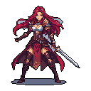 This detailed pixel art showcases a poised female warrior, clad in richly colored armor with bronze accents, ready for battle with a sheathed sword at her hip. Her determined gaze and confident stance exude strength and a classic fantasy aesthetic. A subtle aura adds an ethereal touch to this formidable character.