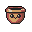 This pixel art features a charming, smiling pot character with warm, earthy tones. Its cheerful expression and open top create a cute and inviting aesthetic.