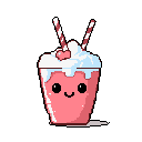 This adorable pixel art features a cheerful, anthropomorphic pink milkshake with a sweet smile and a red heart on top. The cute design and vibrant colors create a charming and lighthearted vibe.