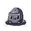 This pixel art features a cute, smiling rock creature with blushing cheeks, sitting contentedly against a black background. Its simple design and warm expression create a friendly and charming character.