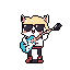 This pixel art features a cool, cat-like character rocking out on a vibrant blue guitar. Sunglasses and a confident stance give off a rock and roll vibe, all brought to life in a striking, limited color palette.