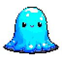 A cheerful, bright blue slime creature with a cute smile and reflective surface stands out against a dark background. This adorable pixel art blob exudes a gentle and playful vibe.