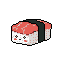This pixel art features an adorable, anthropomorphic sushi nigiri with closed eyes and blushing cheeks, radiating a peaceful and endearing vibe. The minimalist design spotlights the charming character against a stark black background.