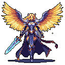 A powerful pixel art warrior angel stands ready for battle, her glowing sword and radiant wings contrasting against her dark armor. This formidable figure exudes divine strength and unwavering resolve.