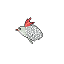A stylized pixel art bird, textured in grey and sporting a vibrant orange-red crest, pauses against a stark black background. This compact creature evokes a classic retro game sprite.