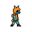 A blue-green skinned character with pointed ears and a visored helmet walks purposefully, clad in a yellow-orange outfit and backpack, evoking a sense of retro adventure.