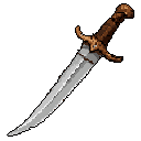 This pixel art showcases an ornate dagger with a gold and brown hilt and a sharp, grey blade. The weapon's detailed design and the stark black background evokes a sense of fantasy or historical significance.