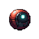 A pixelated, mechanical drone with a glowing cyan eye stares intently, its red-orange and dark grey body hinting at a futuristic and slightly ominous presence. The high contrast and focused gaze create a captivating image of active observation.