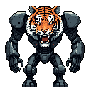 This pixel art image features a fearsome robotic tiger hybrid, with a photorealistic tiger head roaring atop a powerful, metallic exoskeleton body. The striking contrast between organic and mechanical elements creates a visually impactful and intimidating fusion.