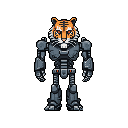 This pixel art showcases a striking robotic tiger, a fusion of fierce organic features and cold mechanical design. The centered, upright figure stands powerfully against a stark black background, emphasizing its unique and slightly uncanny presence.