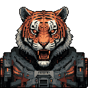 This pixel art showcases a menacing cyborg tiger from the chest up, its fierce expression amplified by glowing orange eyes and sharp teeth. The fusion of organic and metallic details creates a powerful and slightly ominous futuristic design.