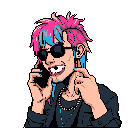 This vibrant pixel art portrait captures a stylish man mid-conversation, animatedly gesturing while talking on his phone. His spiky hot pink and electric blue hair and exaggerated grin give off an energetic, modern vibe.